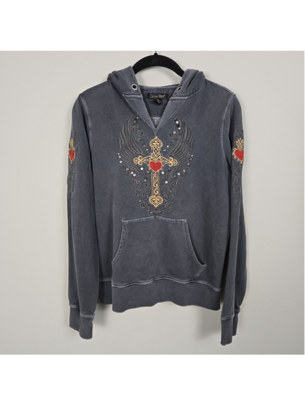 VTG Lucky Brand Womens Y2K Embroidered Hoodie Medium Grey Studded Grunge Biker
